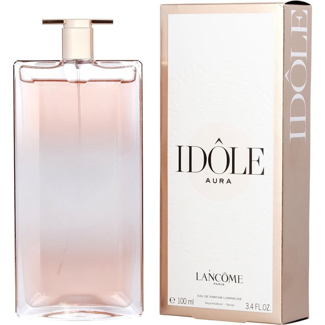 LANCOME IDOLE AURA by Lancome, EAU DE PARFUM SPRAY 3.4 OZ for women. The image shows a sleek rectangular glass bottle with a gradient pink and white design, paired with its matching box featuring the product name and brand logo.