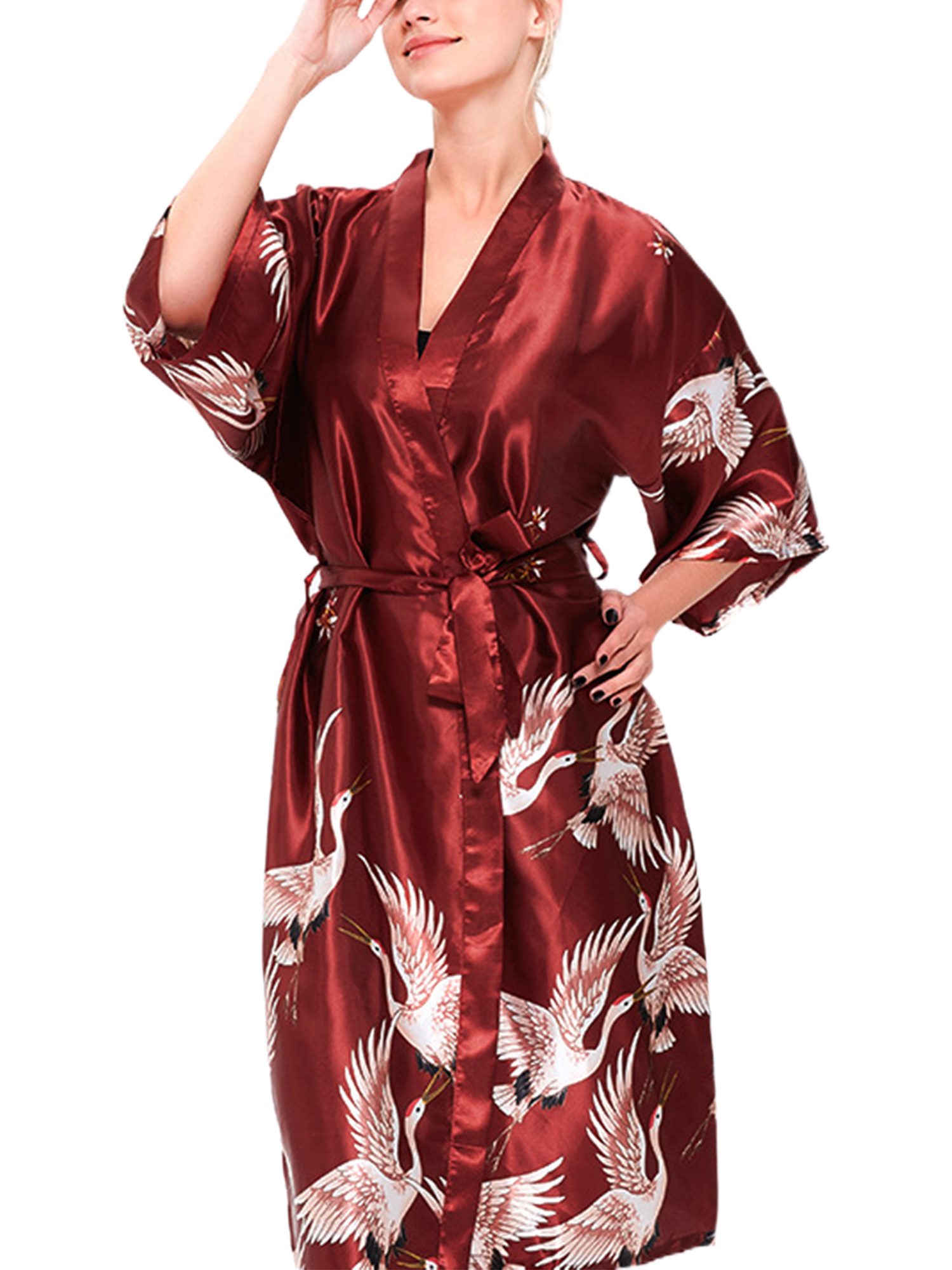 LUXUR Peignoir Ceinturé pour Femmes, Pyjama Léger pour la Maison, Rouge Vin - Long m