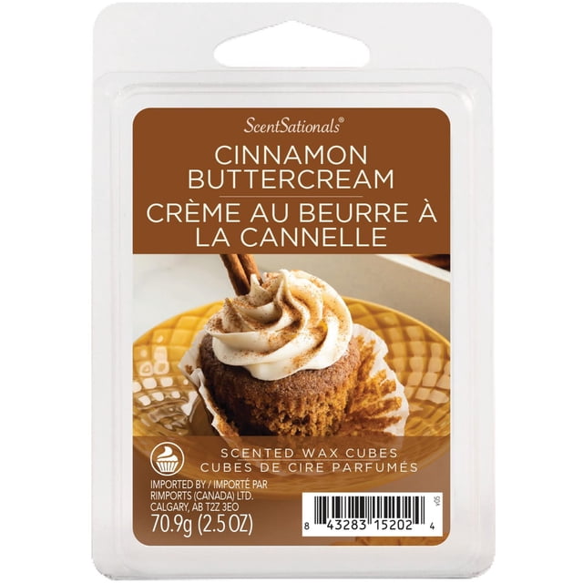 ScentSationals Scented Wax Cubes - Wax Cinnamon Buttercream in a clear plastic clamshell package containing six brown wax cubes. The label shows a cinnamon buttercream cupcake image with bilingual English and French text, weighing 70.9g (2.5 oz), suitable for home fragrance wax warmers.