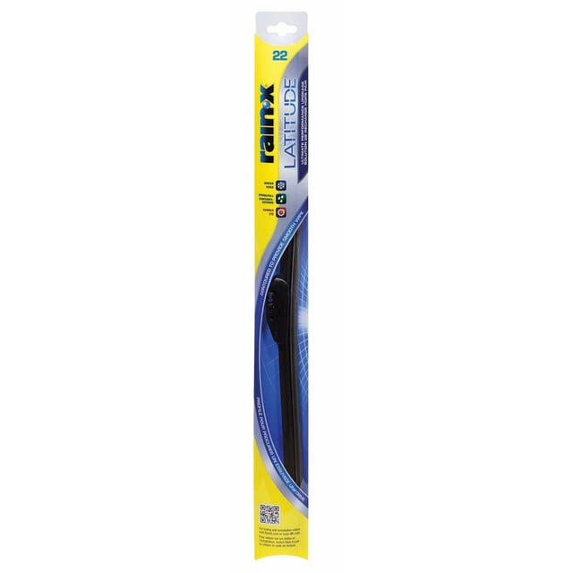 Rain-X Latitude 22" windshield wiper blade in yellow and blue packaging with all-season icons for winter, spring/fall, and summer, featuring a contoured beam design for smooth, streak-free wiping and a QR code for installation videos.