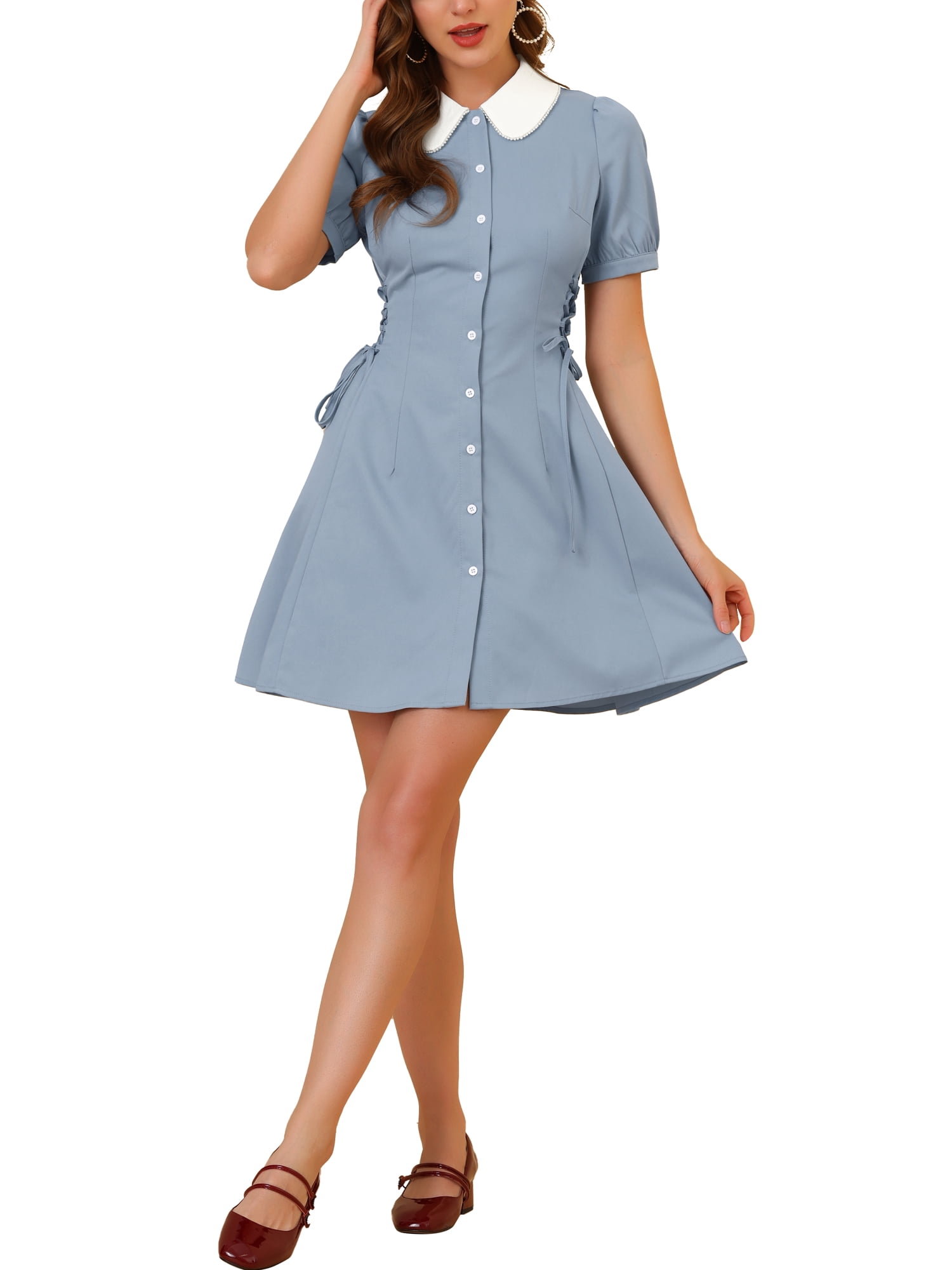 INSPIRE CHIC Women's Button Down Contrast Peter Pan Collar Lace up Dress M Blue