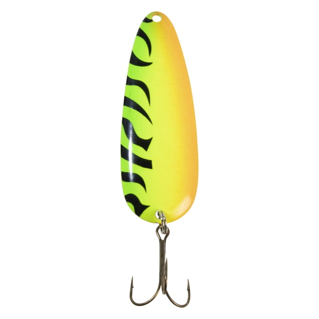 Lucky Strike Baitworks Devil Bait Spoon - 2.5", 2/5oz, Fire Tiger - 1 pack, a steel fishing spoon lure with a narrow wobble action, yellow to orange gradient finish with black tiger stripes, and a sharp treble hook, designed for salmon and pike fishing at depths of 2 to 20 feet.