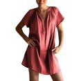 thumbnail image 1 of Amzcrzy Robes pour Femmes Grande Taille Robes P-5TG Tendance Couleur Unie Robes d'Été pour Femmes Col en V Manches Courtes Robe d'Été Décontractée Plissée Surdimensionnée Mini-Robe, 1 of 8