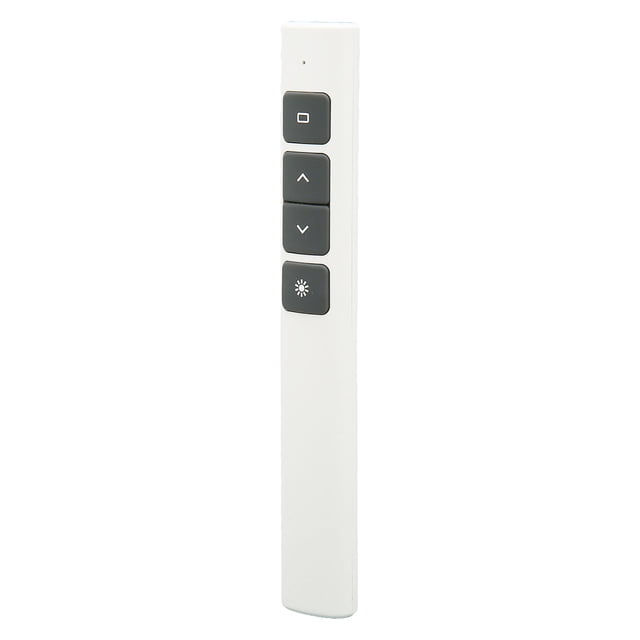 Laser Pointer Plug and Play wireless presenter with a slim white ABS body and four black control buttons for up/down page turning, hyperlink navigation, and screen functions. Compatible with Win, OS X, and Android, featuring a wireless control distance of up to 109 yards. Ideal for presentations and meetings, powered by one AAA battery (not included).