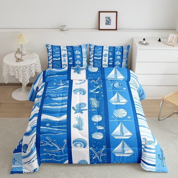 YST Boys Bedding Sea Ocean Theme Full Comforter Set, Coastal Beach Bedding Comforter Sets Seashell Conch Anchor Starfish Quilted Duvet with 2 Pillowcases