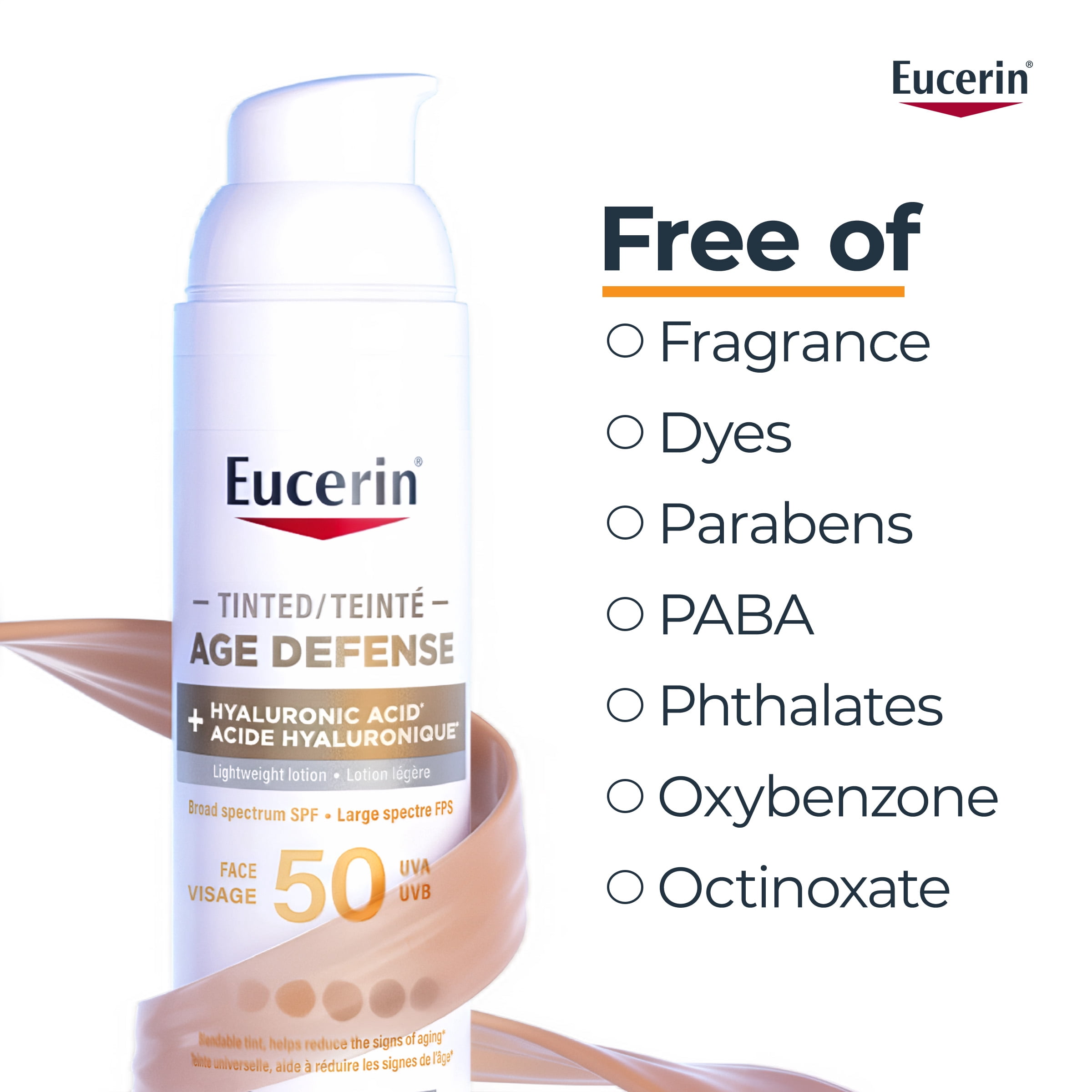 Eucerin Age Defense Teinté FPS 50 Lotion Écran Solaire Visage avec Acide Hyaluronique, 75 ml