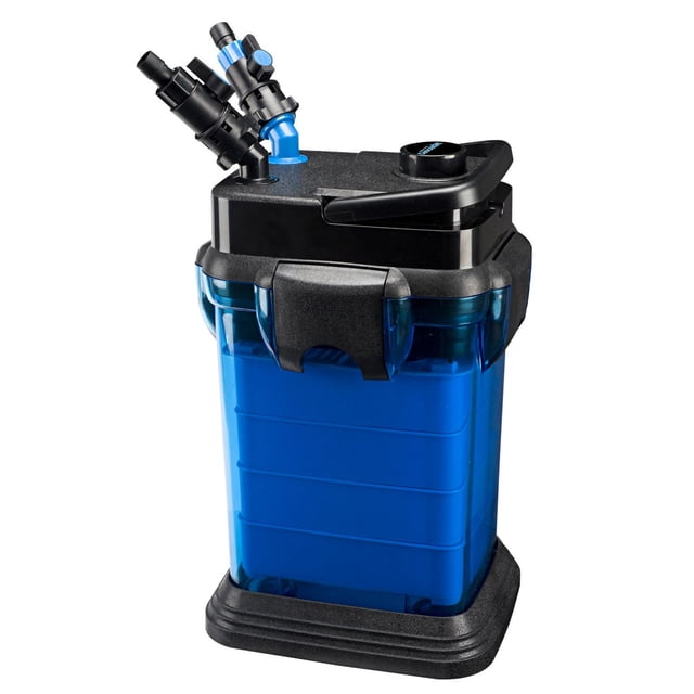 Penn-Plax Cascade Canister Filter for aquarium tanks up to 150 gallons, featuring a blue translucent canister with a black textured top and base, two black and blue 360-degree rotating valve taps, and a push-button primer for easy setup, designed for multi-stage filtration in fresh or saltwater aquariums and suitable for maintaining clear water in large fish tanks.