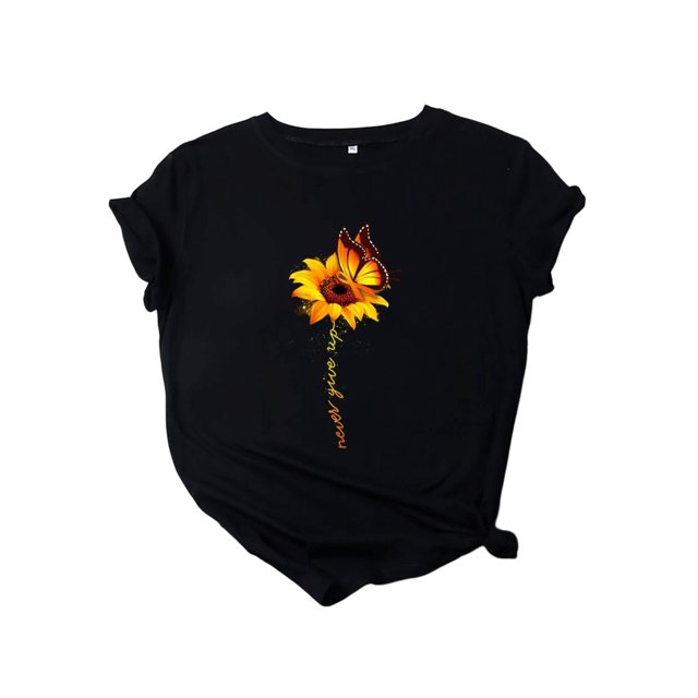 Innerwin Tee Butterfly Letter Printed Ladies T Shirt Holiday Short Sleeve Basic Tops Black XL
