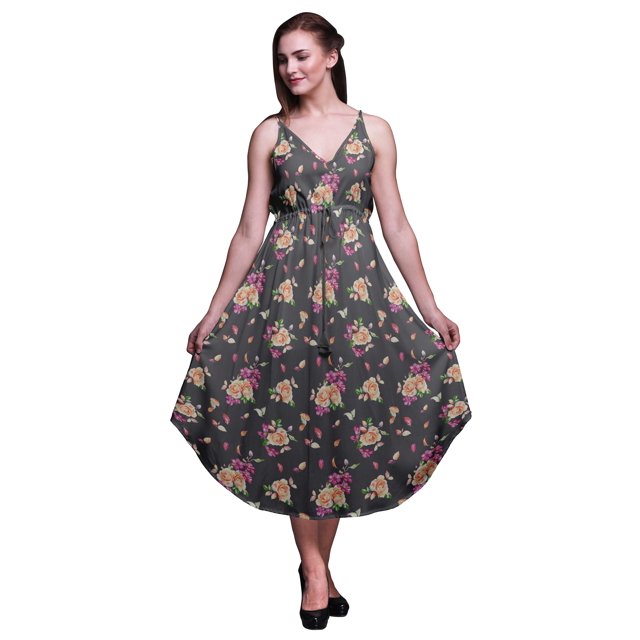 Bimba Robe à Imprimé Floral pour Femmes Bretelles Spaghetti Col en V Midi Tenue de Plage-Petite