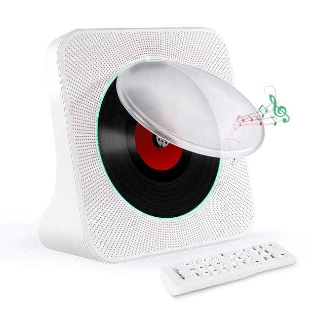 Bluetooth CD Player with Screen, USB and Aux Port, FM, Compact Audio Boombox Music Player by Maite. Features a modern 75° vertical design with a transparent protective cover and LED screen. Includes Bluetooth 5.0 connectivity, FM radio, USB playback, and 3.5mm audio input/output for headphones or speakers. Compatible with CD, CD-R, CD-RW, MP3, and WMA formats. Comes with a remote control, Type-C cable, audio cable, and user manual. Ideal for use in living rooms, kitchens, or bedrooms.