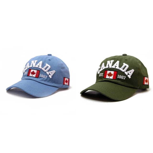 A 2-pack of Kcodviy Canada baseball caps featuring embroidered maple leaf and Canada flag designs. One cap is light blue, and the other is olive green, both with 'Canada Est. 1867' text on the front. Made of lightweight cotton with breathable eyelets, these adjustable hats fit head circumferences of 54-59 cm and have a 7 cm brim. Suitable for Canada Day, outdoor activities, and casual wear.