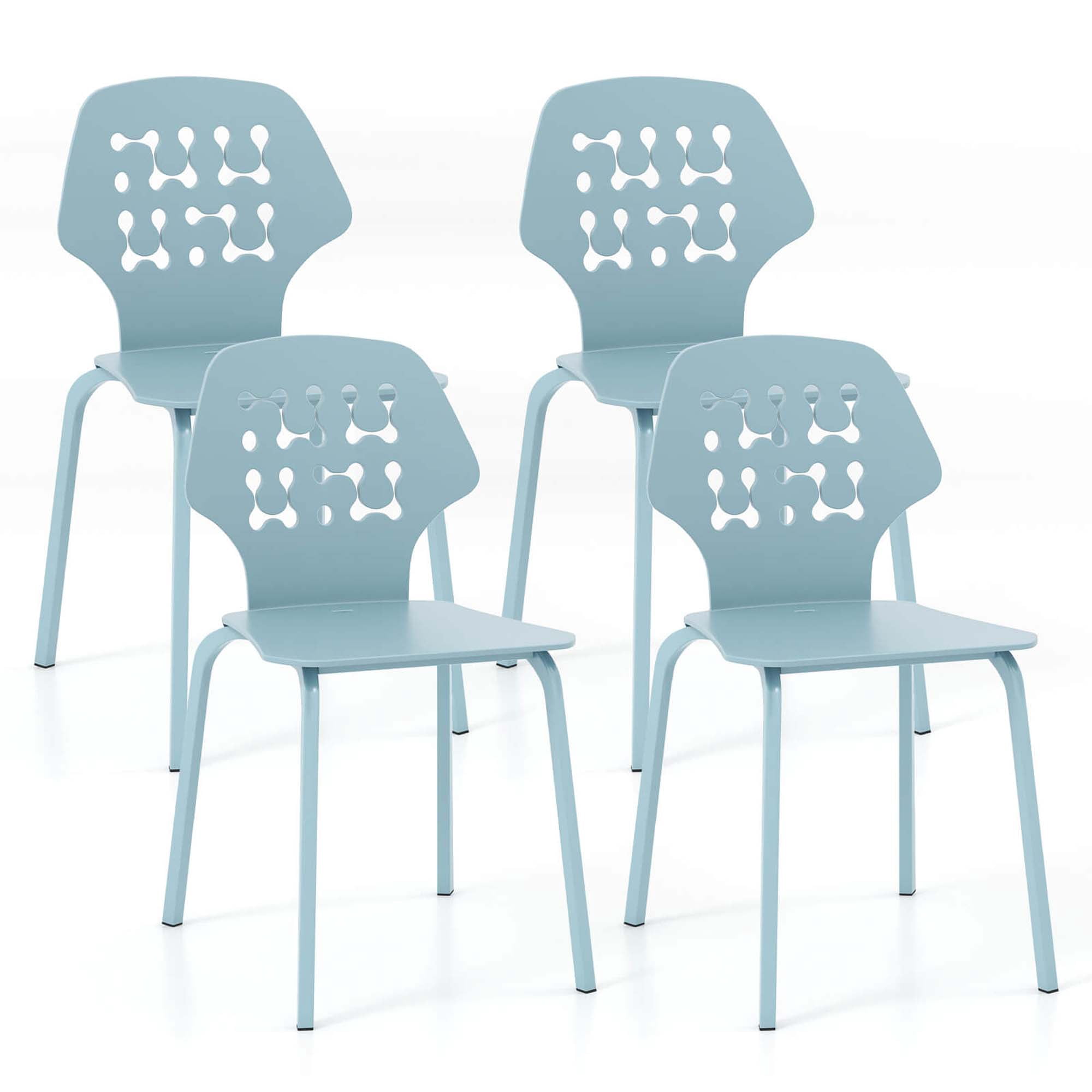 Costway Metal Dining Chair Set of 4 Armless Kitchen Hollowed Backrest & Metal Legs Blue