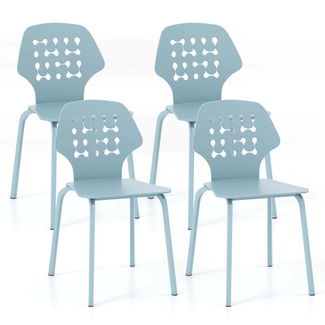 Costway Metal Dining Chair Set of 4 Armless Kitchen Hollowed Backrest & Metal Legs Blue