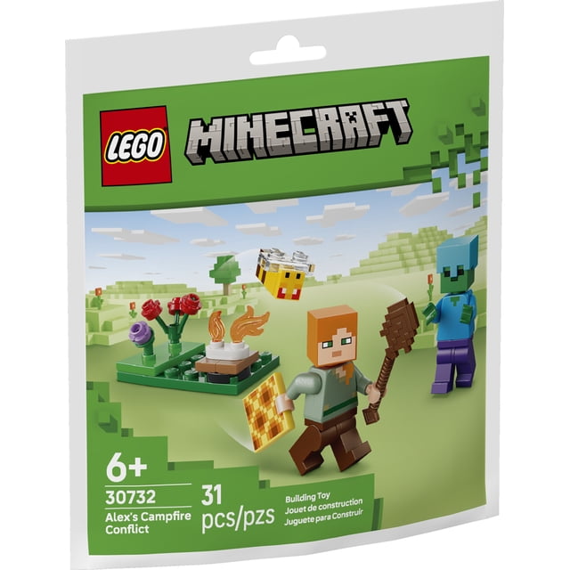 LEGO Minecraft Alex's Campfire Conflict 30732 centered front view of the brick set showing the Alex minifigure building a campfire in a grassy field, planting flowers with a shovel while an angry bee hovers and a zombie prepares to attack; suitable for imaginative play or diorama display.