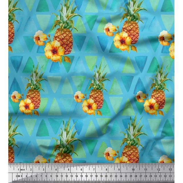 Soimoi Blue Poly Georgette Fabric Triangle & Pine Fruits Decor Fabric Printed Yard 52 Inch Wide