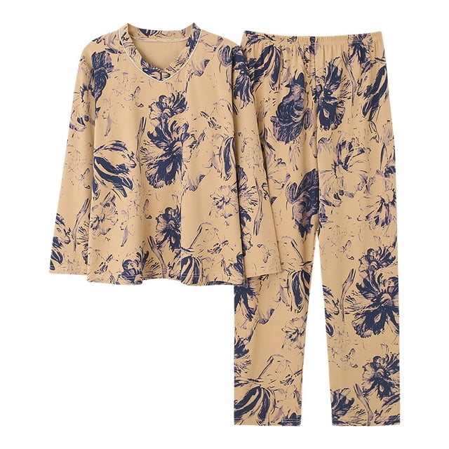 REDHOTYPE Pyjama Fantaisie à Fleurs pour Femme, Printemps Automne, Maman, Manches Longues, Coton, Col Rond, Automne pour Femme, Grande Taille, Tenue d'Intérieur