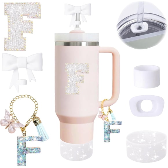 6PCS White Stanley Cup Accessories Set Fit for Stanley Cup 30oz 40oz. Including Handle Charm, Personalized Initial Sticker, Straw Topper, Sparkly Silicone Boot, Spill Proof Stopper (Letter-F)