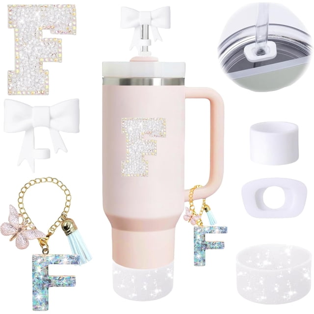 6PCS White Stanley Cup Accessories Set Fit for Stanley Cup 30oz 40oz. Including Handle Charm, Personalized Initial Sticker, Straw Topper, Sparkly Silicone Boot, Spill Proof Stopper (Letter-F)