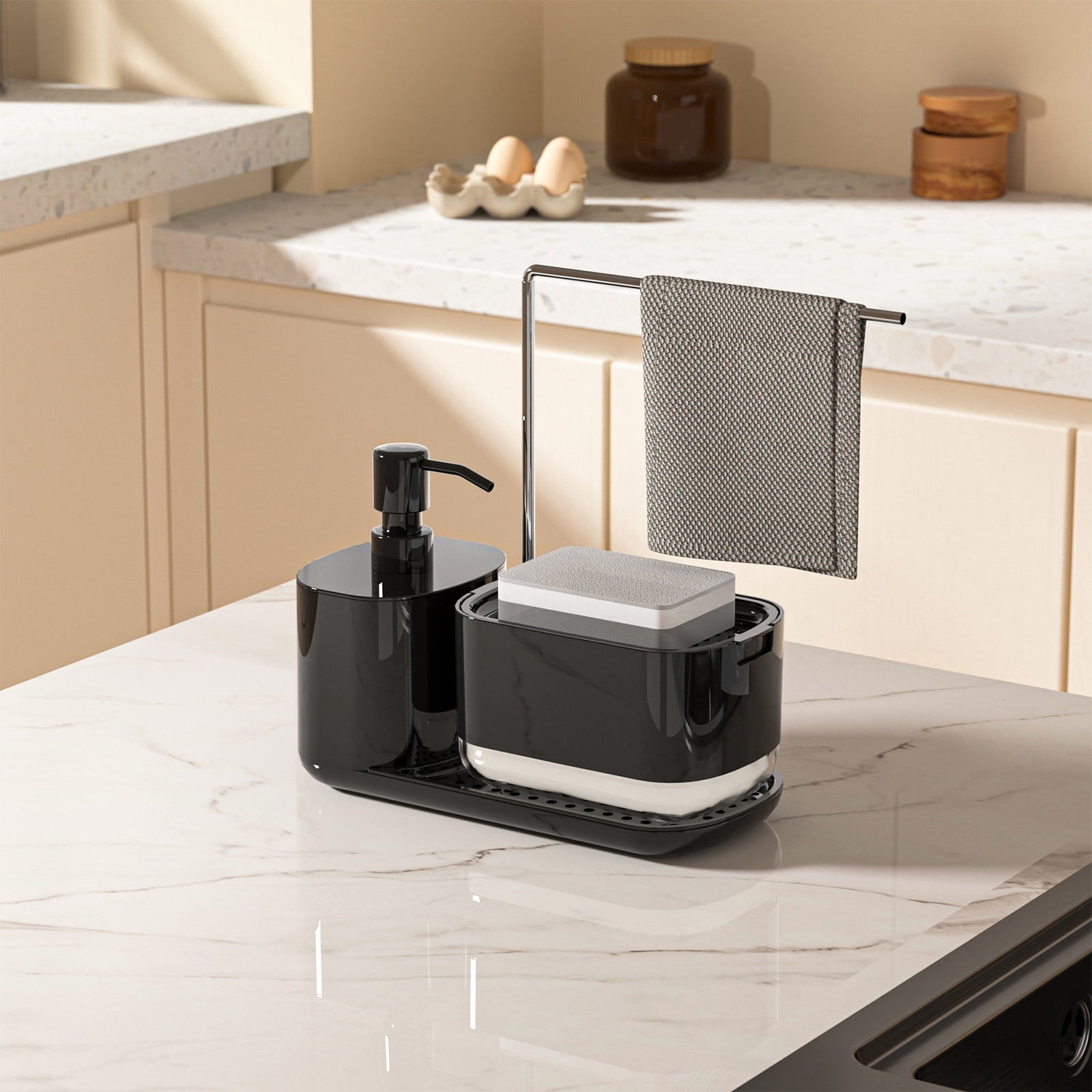 Dvkptbk Dish Soap Dispenser Hand and Dish Soap Dispenser Set with Tray Dual Soap Dispenser with Sponge Holder and Dishcloth Holder Organizer for Kitchen Sink Countertop Storage