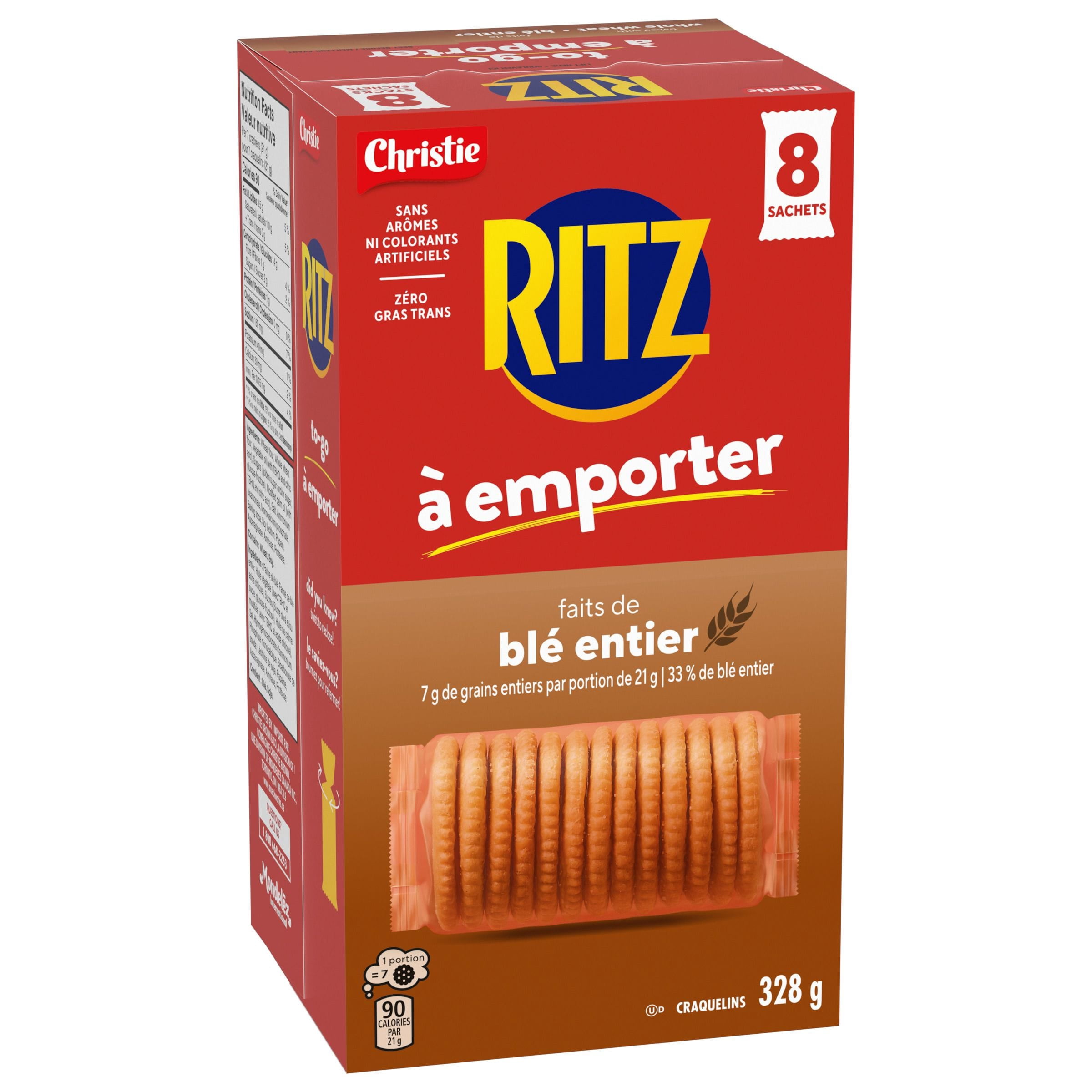 RITZ à Emporter Craquelins Faits de Blé Entier, Lot de 8 Piles de Craquelins Emballées Individuellement, Format Portatif, Collation Pratique à Emporter, Collation pour la Boîte à Lunch & Collation de Voyage 328g