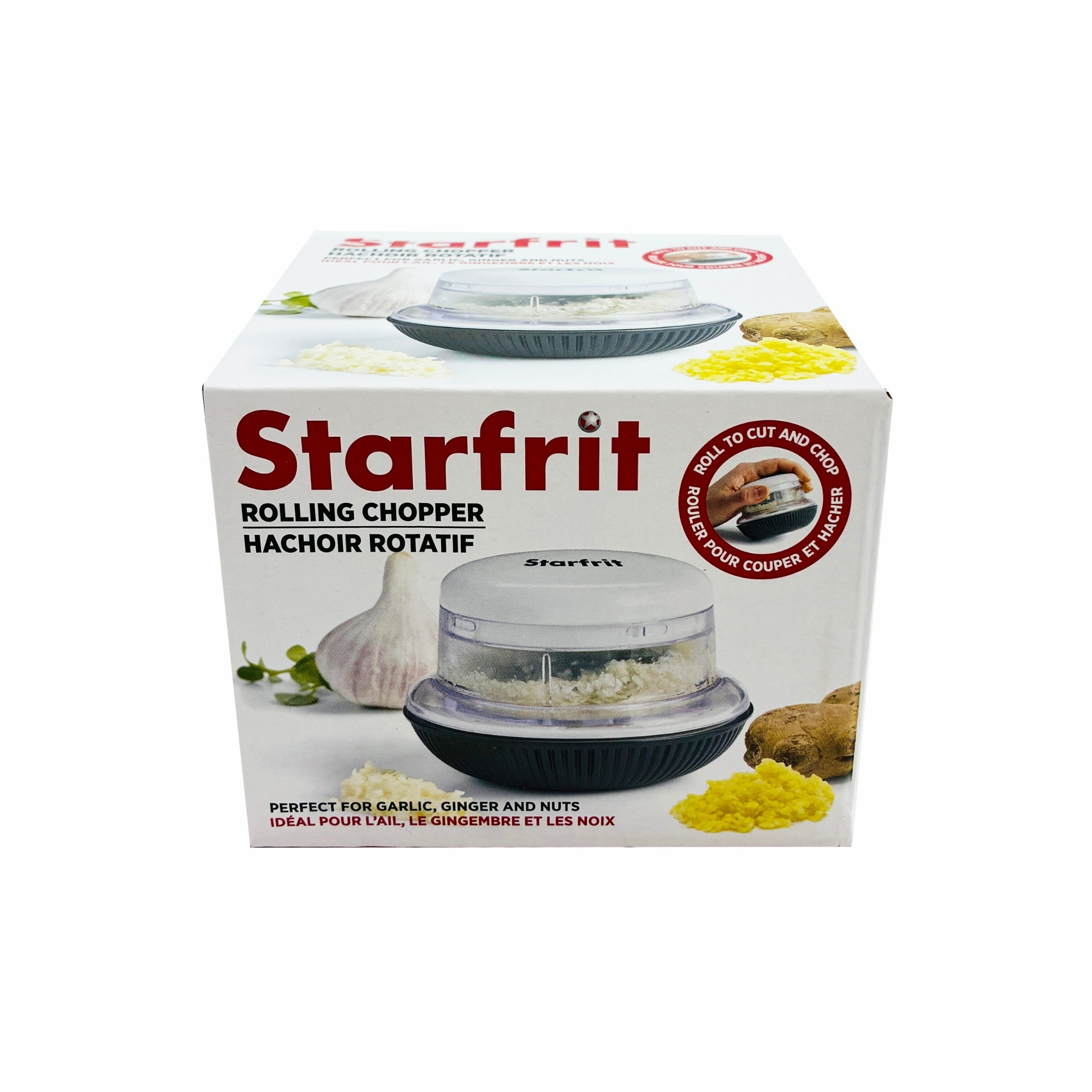 Starfrit Mini Rolling Chopper, Dual Stainless Steel Blades, Non-Slip Base, Ergonomic Design, Dishwasher Safe, Ideal for Garlic, Herbs, Nuts