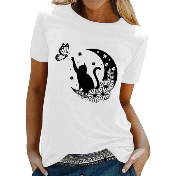 LUOGENLI Female T-shirts for Womens Womens Spring Summer Cats Printed Short Sleeve O Neck T Shirt Top T-shirts for Women Graphic Tee Funny Valentines Womens T-shirts Graphic Tees Easter White L