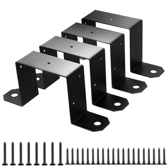 Mosiee Heavy-Duty 4X4 Black Post Brackets for strong and secure fence support. The image shows four black U-shaped brackets made of heavy-duty carbon steel with a protective coating for rust resistance. Each bracket has pre-drilled holes for easy installation and is designed to fit 4x4 (3.5 x 3.5 inches) posts. The set includes 8 screws for quick and efficient setup, making it ideal for connecting vertical posts to beams in fencing projects. The brackets are displayed in a row with the screws arranged below them.