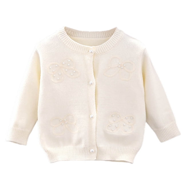 RKSTN Girls Sweaters Pearl Buttons Solid Color Long Sleeve Crew Neck Comfortable Loose Fit Knit Sweater Cardigan Coat Top Fall Winter Versatile Outfits 1-8 Years