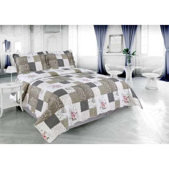 Marina Decoration Rich Printed Embossed Pinsonic Coverlet Bedspread Ultra Soft Bedding Summer Quilt Set with Shams, Rose Floral and Branch Plaid Pattern