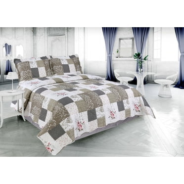 Marina Decoration Rich Printed Embossed Pinsonic Coverlet Bedset Ultra Soft Bedding Summer Quilt Set avec taies d'oreiller, motif floral rose et motif à carreaux de branches
