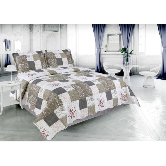 Marina Decoration Rich Printed Embossed Pinsonic Coverlet Bedspread Ultra Soft Bedding Summer Quilt Set with Shams, Rose Floral and Branch Plaid Pattern