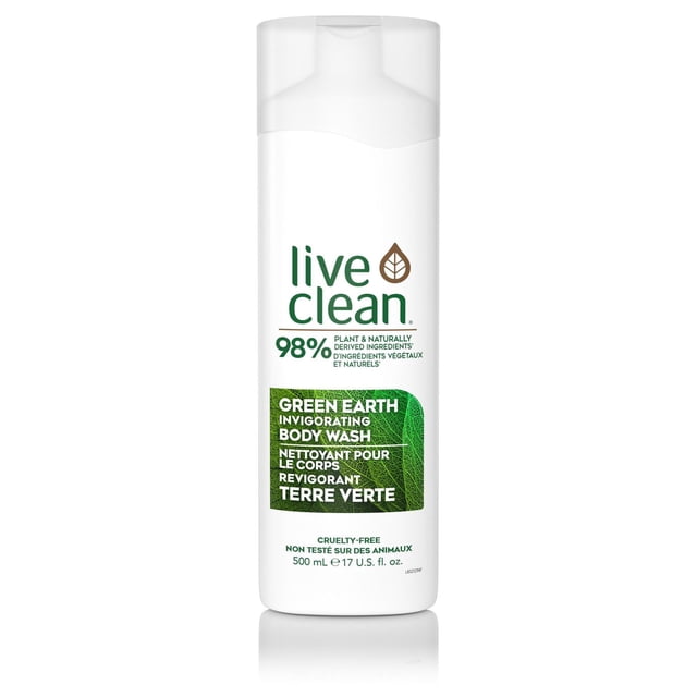 Live Clean Green Earth Invigorating Body Wash in a white 500 mL bottle with a translucent flip-top cap, featuring 98% plant and naturally derived ingredients, cruelty-free certification, and bilingual English-French labeling with a green leaf pattern on the front.