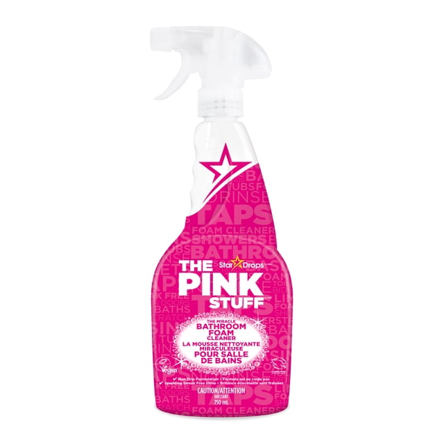 Star Drops The Pink Stuff The Miracle Bathroom Foam Cleaner in a 750 ml clear spray bottle with white trigger and bright pink label, featuring non-drip foam that removes dirt, grease, grime, and limescale for a sparkling, streak-free shine on bathroom surfaces including showers and taps.
