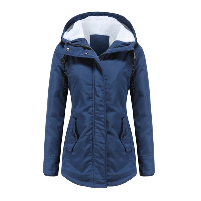 Innerwin Coat Hooded Ladies Outwear Drawstring Long Sleeve Buttons Jacket Navy Blue L