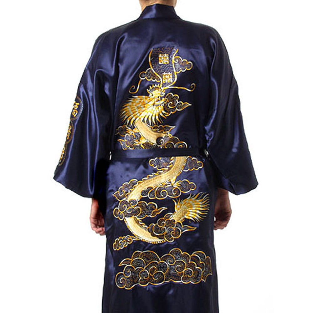 Ruibeauty Men Satin Chinese Dragon Kimono Silk Bathrobe Pajamas Sleepwear Gown Bath Robe
