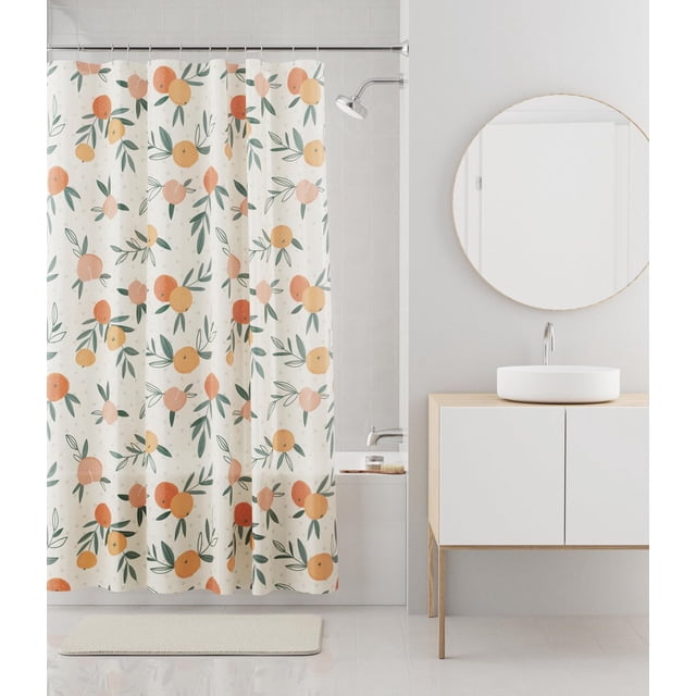 Mainstays Recycled PEVA Decorative Shower Curtain, waterproof and medium weight, featuring a white background with orange and peach fruit and green leaf patterns. Sized 70 by 72 inches to fit standard tubs, made with 30% recycled PEVA. Suitable for eco-friendly bathroom updates and easy cleaning with a damp sponge.