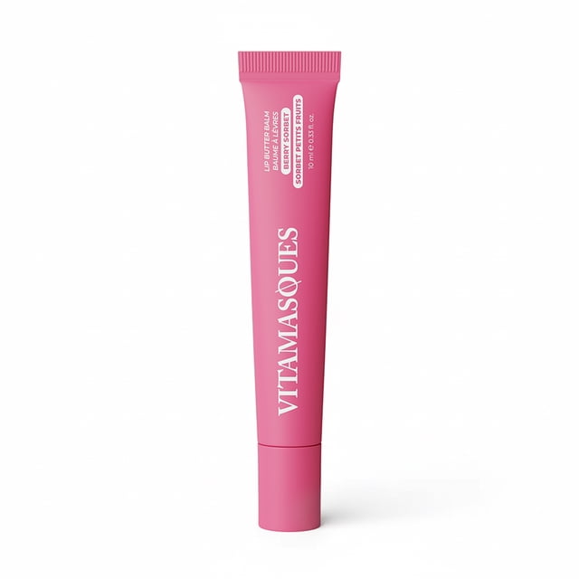 Vitamasques Lip Butter Balm Berry Sorbet 0.33 Fl oz in a pink squeeze tube with white text, designed to hydrate, soothe, and protect lips with nourishing butters and oils, suitable for daily use and barrier support.