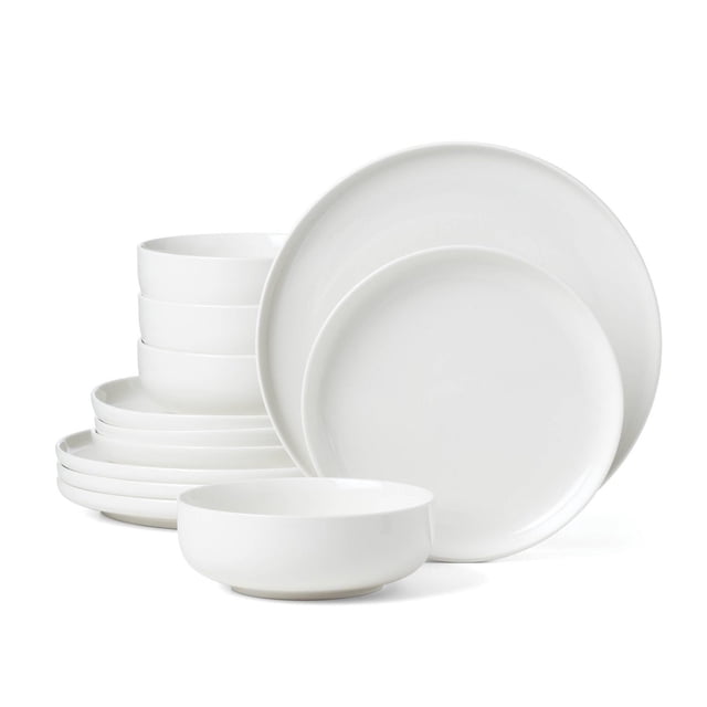 Oneida 365 24 Seven White 12 Piece Dinnerware Set including four 10.25-inch dinner plates, four 8-inch salad plates, and four 6-inch all-purpose bowls in white porcelain, dishwasher and microwave safe, arranged stacked on a white background, suitable for everyday dining and special occasions.