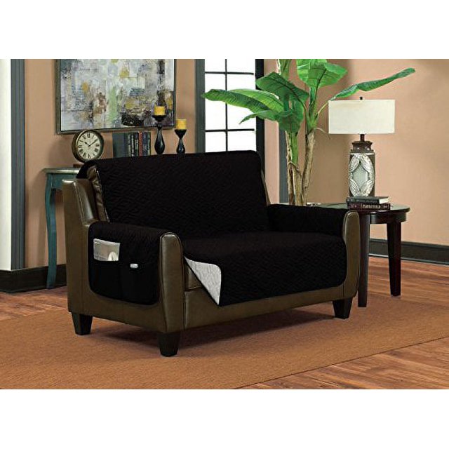 Classic Reversible Quilted Waterproof Furniture Protector Diamond Design (Loveseat, Black/Silver)