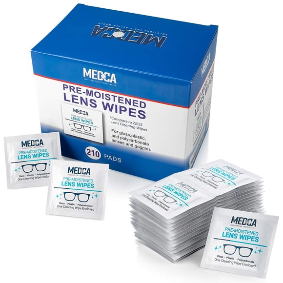 MEDca Lingettes Nettoyantes pour Lentilles, Emballées Individuellement, Sans Ammoniaque, Lot de 105, pour Lunettes, Lunettes de Soleil et Écrans