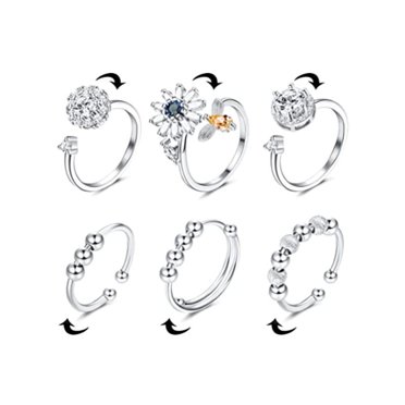 6Pcs Fidget Anxiety Rings for Women Men Spinner Fidget Adjustable Rotatable Calming Worry Meditation Ring with Beads Set