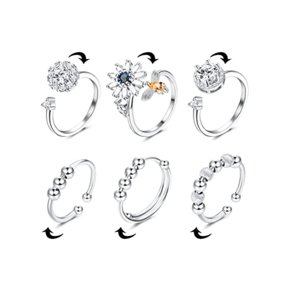 6Pcs Fidget Anxiety Rings for Women Men Spinner Fidget Adjustable Rotatable Calming Worry Meditation Ring with Beads Set