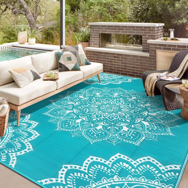 Findosom Tapis d'Extérieur Imperméable Boho 8'x10 Pieds, Tapis de Paille en Plastique Pliable Réversible, Grand Tapis de Patio pour Extérieur, RV, Patio, Arrière-Cour, Terrasse, Pique-Nique, Plage, Camping Turquoise