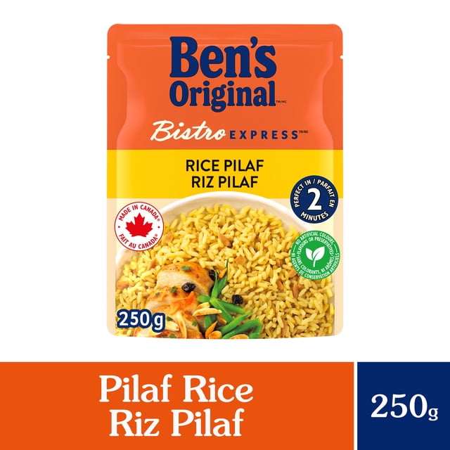 BEN'S ORIGINAL BISTRO EXPRESS Pilaf Rice Side Dish 250g pouch with seasoned long grain rice, orzo pasta, chicken broth, and herbs, microwavable in 90 seconds, shown in an orange and yellow pouch with rice and vegetables on the label, suitable for quick rice side dishes or instant meals.