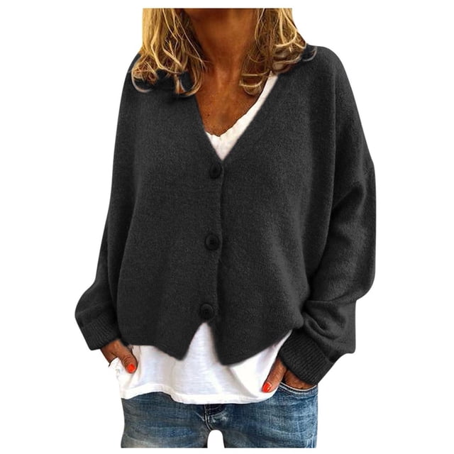 Women's Button Solid Knit Sweater Cardigan Long Sleeved Jacket