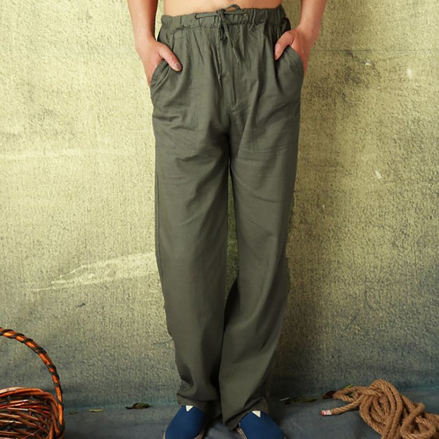 cllios Mens Cotton Linen Pants Big and Tall Regular Fit Solid Color Beach Trousers Summer Lightweigt Drawstring Elastic Waist Lounge Pants with Pockets
