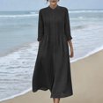 thumbnail image 1 of Robes Maxi en Coton et Lin pour Femmes, Robe Tunique à Boutons Col Ras du Cou Manches Longues Plissée Ligne a Fluide Longues Robes Robe d'Été Noir TTG, 1 of 9