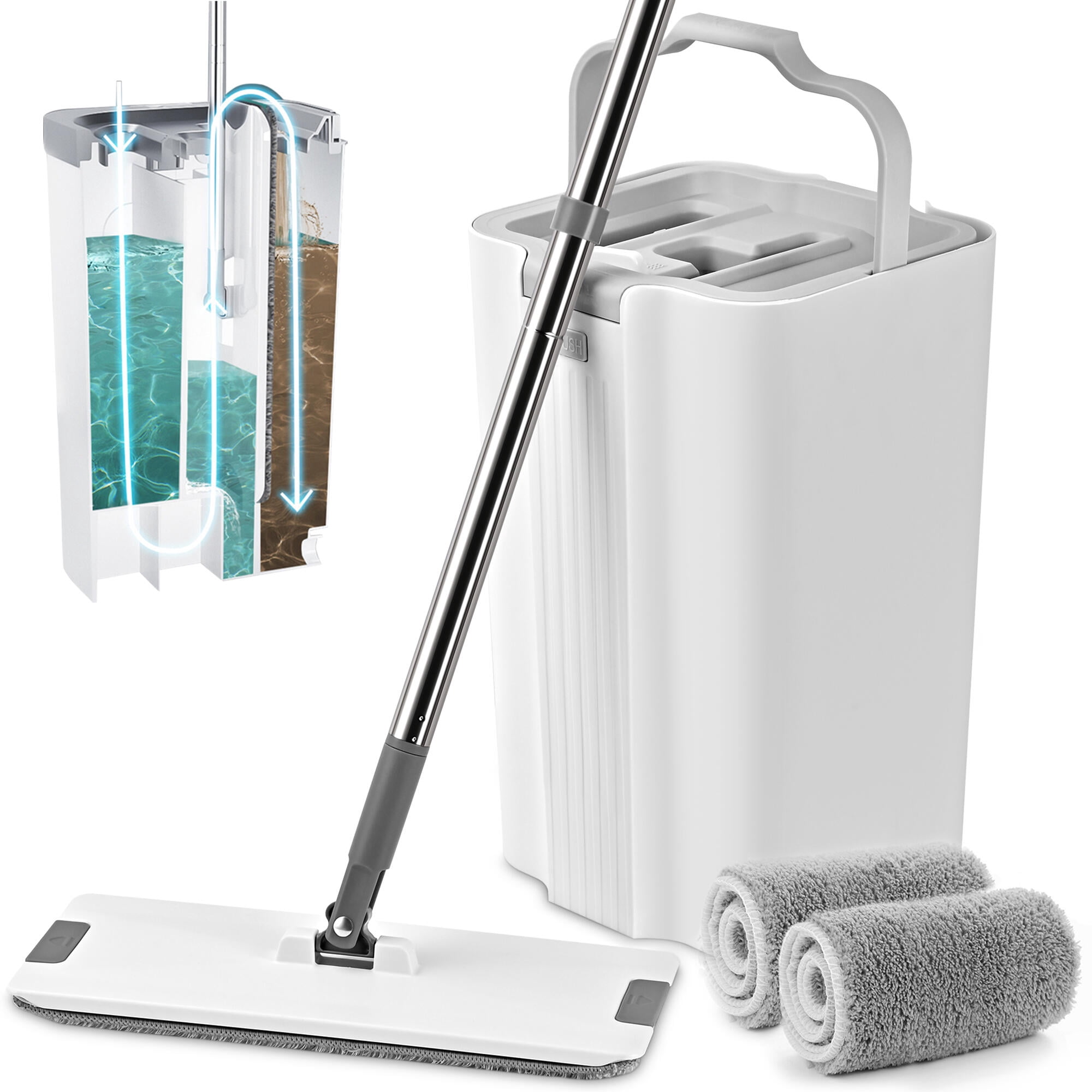 Flat Mop and Bucket Set, 2 Reusable Microfiber Pads Included, Floor Cleaning System Household Dry Wet Mop with Wringer for Hardwood Tile Laminate Floors