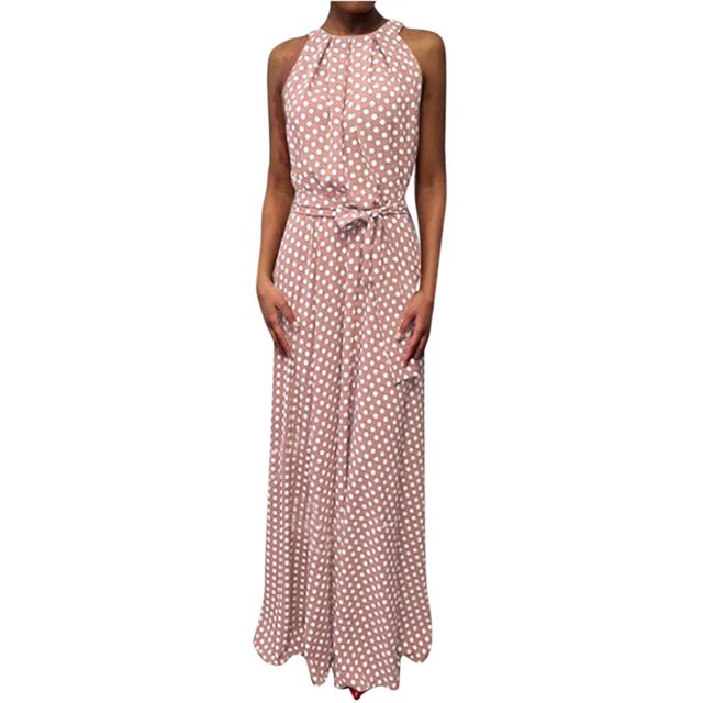 AMERTEER Robe Maxi Sans Manches à Pois pour Femmes, Ceinture, Fête, Banquet
