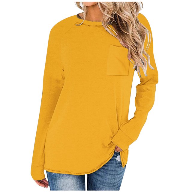 Yuyuzo T-Shirts à Manches Longues pour Femmes Col Ras du Cou Décontractés Basiques Doux Amples Couleur Unie Hauts d'Automne